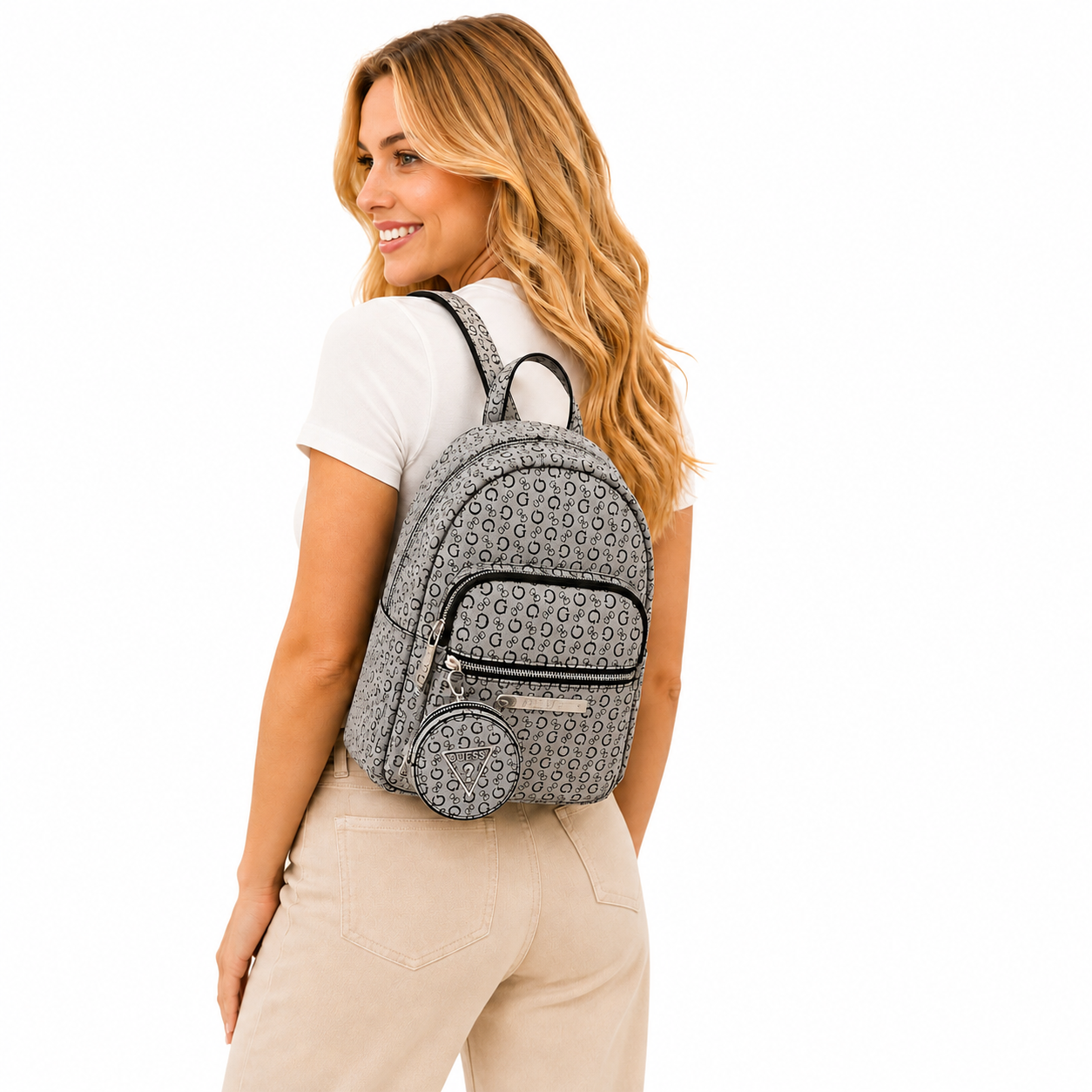 Bolso Guess tipo backpack gris negro